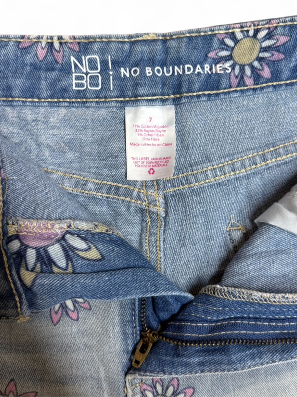 No Boundaries Light Blue Denim Shorts with Pink & Yellow Daisy Print - Picture 3 of 6